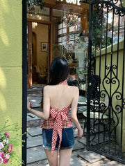 Hnewly Camis Women Plaid Sleeveless Halter Ruffles Bandage Backless Slim Vintage Sweet Casual Sexy Tank Tops Female Summer