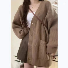 Hnewly Autumn Winter Women Cardigan Sweater Coats Fashion Female Long Sleeve V-neck Loose Knitted Jackets Casual Sweater Cardigans