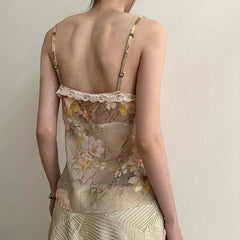 Hnewly Vintage Floral Print Strap Top Retro Y2k Lace Stitching V-neck Crop Tops Women Summer Casual Tees Aesthetic Harajuku Chic