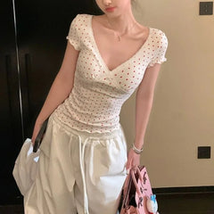 Lunivop Summer Fashion Lace V Neck Ruffle Short Sleeve Shirts American Subcultural Print Slim Waist Y2k Aesthetic Tops Harajuku Tees