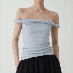 Hnewly Sexy crop tops women Summer knit t shirt white kawaii pink t shirts off shoulder short sleeve tees slash neck top ruched
