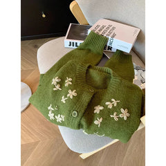 Hnewly Green Crochet Knitted Sweater Women's Retro Soft Embroidery Loose Long Sleeved Jacket Round Neck Single Breasted Cardigan Top
