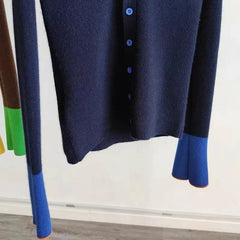 Hnewly Autumn Winter Contrasting Color Knitted Cardigan Sweater Women 2024 New V-neck Flared Sleeve Top Korean Slim Versatile Jacket