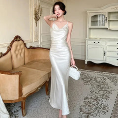 Hnewly Sexy Backless Satin Camis Dress Women Summer French Spaghetti Straps Slim Midi Dress Female Elegant Solid A Line Dress New