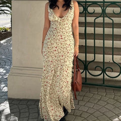 Hnewly Floral Print Sexy V Neck Ruffles Elegant Bodycon Maxi Dresses Spring Fashion Holiday Streetwear Party Women's Vestidos
