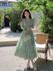 Hnewly French Elegant Evening Party Dress Women Summer Beach Style Casual V-neck Midi Dress Female Vintage Short Sleeve Korean Clothing