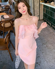 Hnewly DRESS TO IMPRESS Pink Sweet Fairy Dress Women Ruffles Design Sexy Party Mini Dress Female Spring Elegant Princess Casual Korean Strap Dress