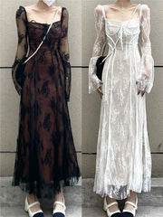 Hnewly Spring Vintage Lace Dress Women Casual Even Party Dress Korean Fashion Clothing Outwear Slim Bodycon Black Dress Female Y2k