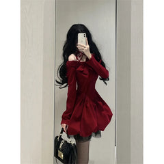 Hnewly Vintage Bow Mini Dress Women Y2K Sexy Slash Neck Red Velvet Dresses Winter Kawaii Christmas Party Bodycon A Line Vestidos