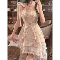 Hnewly French Elegant Fairy Print Dress Women Casual Even Party Irregular Sleeveless Midi Dress Female Vintage Y2k Floral Summer