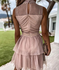 Hnewly Intellectual Style Mini Dresses for Women Summer Slim Fit Round Neck Lace Patchwork Mesh Sleeveless Dress with Inner Lining