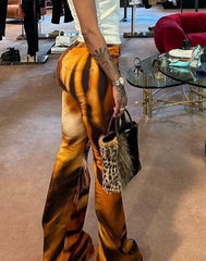 Hnewly Tiger Print Flare Pants Women Y2K Summer Trend Skinny Elastic Wild Casual Streetwear Basic High Waist Trousers