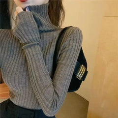 Hnewly Turtleneck Warm Pullovers Women Autumn Winter Simple Basic Soft Knitting Sweaters Y2K Sexy Slim All Match Bottoming Jumper Mujer