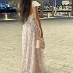 Lunivop Elegant Lace Appliqued Prom Dress Customized Square Neck Short Sleeves A Line Shining Evening Gowns Floor Length Prom Gowns