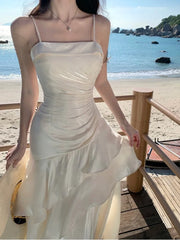 Hnewly Summer Spaghetti Strap Elegant Chic Women's Long Dress Slim A-Line Pleated Party Prom Dresses French Sling New Mujer Vestidos