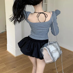 Hnewly Coquette Top y2k Clothes Women Contrast Color Bow Lettuce Trim Smocked Square Neck Long Sleeve T Shirt 2000s Clothing