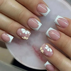 Hnewly 24pcs Short Square Head French Ballet Nails White Edge Flower Fake Nails with Glue Wearable Full Cover Press on Nails Tip Art
