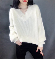 Hnewly Fuzzy Knit V-neck Sweater Women Cozy Long Sleeve Plain Jumper Pullovers Women Warm Soft Knitwear Autumn Winter Basic Outfit