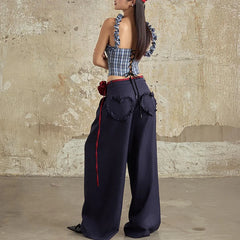 Hnewly Fashion Ruffled Plaid Print Halter Tank Top and Loose Applique Wide Leg Pant Y2K Summer Casual Streetwear 2 Pieces Set