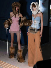 Hnewly Cutenew Peach Hip Hottie Shirring Strapless Dress Women Feather Patchwork Sexy Sweet Valentine's Day Skinny Clubwear Bodycon