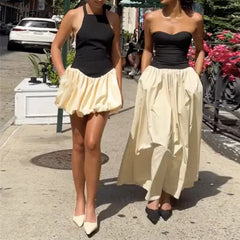 Hnewly Bow Tie Patchwork Mini Bubble Dress Sweet Contrasting Color Off Shoulder Backelsss Elegant Short Sundress Hottie Streetwear