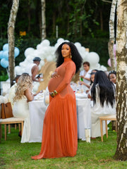 Hnewly Orange‑Red Maternity Evening Gown with Sheer Mesh Overlay, Wave Waist & Flowing Chiffon Pleated Skirt – Summer Party Dress
