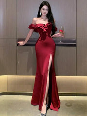 Hnewly DRESS TO IMPRESS Red Sexy Club Backless High Split Ruffles Wrapped Hip Dress Elegant Luxury Off Shoulder Party Evening Dresses Women Summer