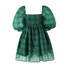 Hnewly Sweet Green Gingham Plaid Organza Ball Gown Dress Puff Sleeve Retro Women Swing Short Princess Robe Fairy Cake Vestidos