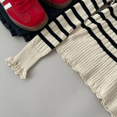 Hnewly Striped Lace Trim Knitted Sweater 2025 Women's Spring Autumn New Long Sleeve T-Shirt Slim Fit Pullover Base Layer Tops