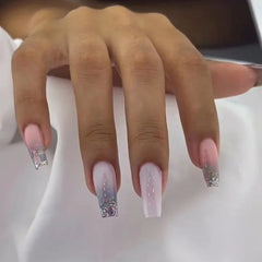 Hnewly 24Pcs Pink Glitter False Nails White Gradient Long Ballet with Heart French Design Wearable Fake Nails Press on Nails Tips Art