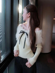 Hnewly Y2k Aesthetic Furry Patchwork Slash Neck Sweater Women Harajuku Bandage Bow Pullover Autumn Vintage Bodycon Fairy Jumpers