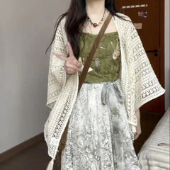 Hnewly Lace Shawl Cardigan Bohemian Tassel Hollowed Out Loose Apricot Top For Women's Summer Vacation Style Sun Protection Cover