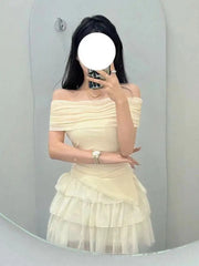 Hnewly Elegant Chiffon Lace 2 Piece Skirt Sets Women Korean Fashion Suits 2000s Vintage Y2k Crop Top Blouse Japanese Beach Even Party