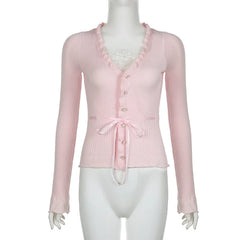 Hnewly Fairycore Clothing Top y2k Women Ruffle Lace Patchwork Long Sleeve Knitted T Shirt 2000s Coquette Clothes Streetwear