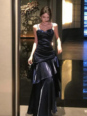 Hnewly Women Blue Elegant Sexy Long Dresses French Pleated Slip Sleeveless Prom Vestidos Birthday Evening Party Dress