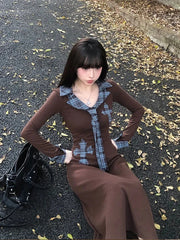 Hnewly Vintage Plaid Patchwork Midi Dress Autumn Korean Long Sleeve Lapel Casual Dress Y2K Elegant Hepburn Style Slim A Line Vestidos