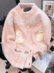 Hnewly Cute Snowmen Pink Cardigan Sweater Women Vintage Sweet Print Loose Knitted Coat Japan Fall Winter Kawaii Female O Neck Tops