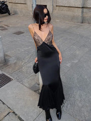 Hnewly DRESS TO IMPRESS Female Mesh Lace Halter Dresses Patchwork Backless Slim Sexy Fashion V-Neck Spaghetti Maxi Dress Women Printed Long Dress