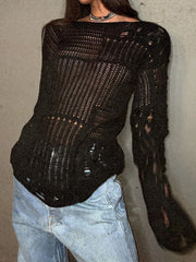 Hnewly FALL OUTFITS Vintage White Ripped Hole Grunge Sweater Women Casual Loose Jumper Solid Long Pullovers Knitted Hollow Out Holidays