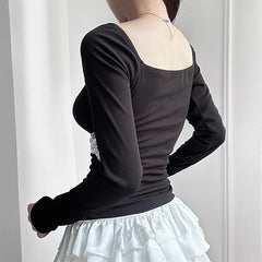 Hnewly y2k Bandage Bow Cropped Top Cute Coquette Square Collar Vintage T Shirt Fall Spring Casual Basic Top Women Tees Aesthetic