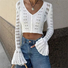 Hnewly New Knit Flare Sleeve V-neck Hollow Out Short Coat Fashion Casual Button Transparent Summer Cardigan Top Cover-up Jacket