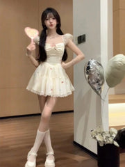 Hnewly Japanese Y2k Kawaii Mini Dress Women Casual Lace Patchwork Bow Print Sleeveless Strap Dress Summer Evening Party Fashion Chic