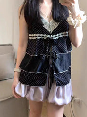 Hnewly Vintage New Fashion Loose Sling Design Casual Lace Polka Dot Patchwork Vest Women Summer Thin V-neck Retro Hot Girl Tops
