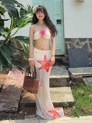 Hnewly Beach Party 2-Piece Set Women Y2K Halter 3d Flowers Bra+Flower Print Mesh Lace-Up Skirts Matching Summer Trend Suit