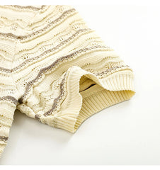 Hnewly Hollow Out Ice Silk Knitted T-shirt Retro Round Neck Wave Pattern Short Sleeve Tee Women's Spring/Summer New Fashion Loose Top