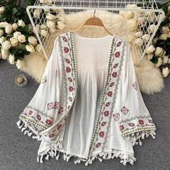 Hnewly Bohemian Sunscreen Cardigan Jacket Summer Beach Holiday Vintage Flare Long Sleeve Embroidered Loose Tassel Shawl Femal Top