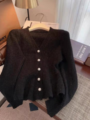 Hnewly Solid V-neck Cardigan Sweater Women Autumn/Winter French Style Puff sleeve Coat Hold The Waist Fishtail knitted Short Top