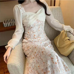 Hnewly Vintage Floral Trumpet Dress Women French Sweet Long Sleeve Fairy Midi Dress Female Autumn Evening Elegant Princess Dresses