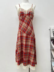 Hnewly Retro Classic Plaid Design Women Slim Suspender One-Piece New Lace Patchwork Female V-neck Ankle-Length Dress Cozy Chic
