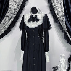 Hnewly Spring mine Mass-Produced Black Long-Sleeve Dress Japanese Style Women's High-Waisted Slimming Lace Bow Lolita Long Dress